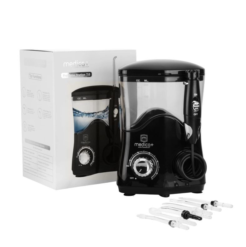Ирригатор MEDICA+ PROWATER STATION 7.0 BL 18W 10 режимов 30-125 PSI резервуар 600 мл 1700 пульсов/мин Черный (33144569)