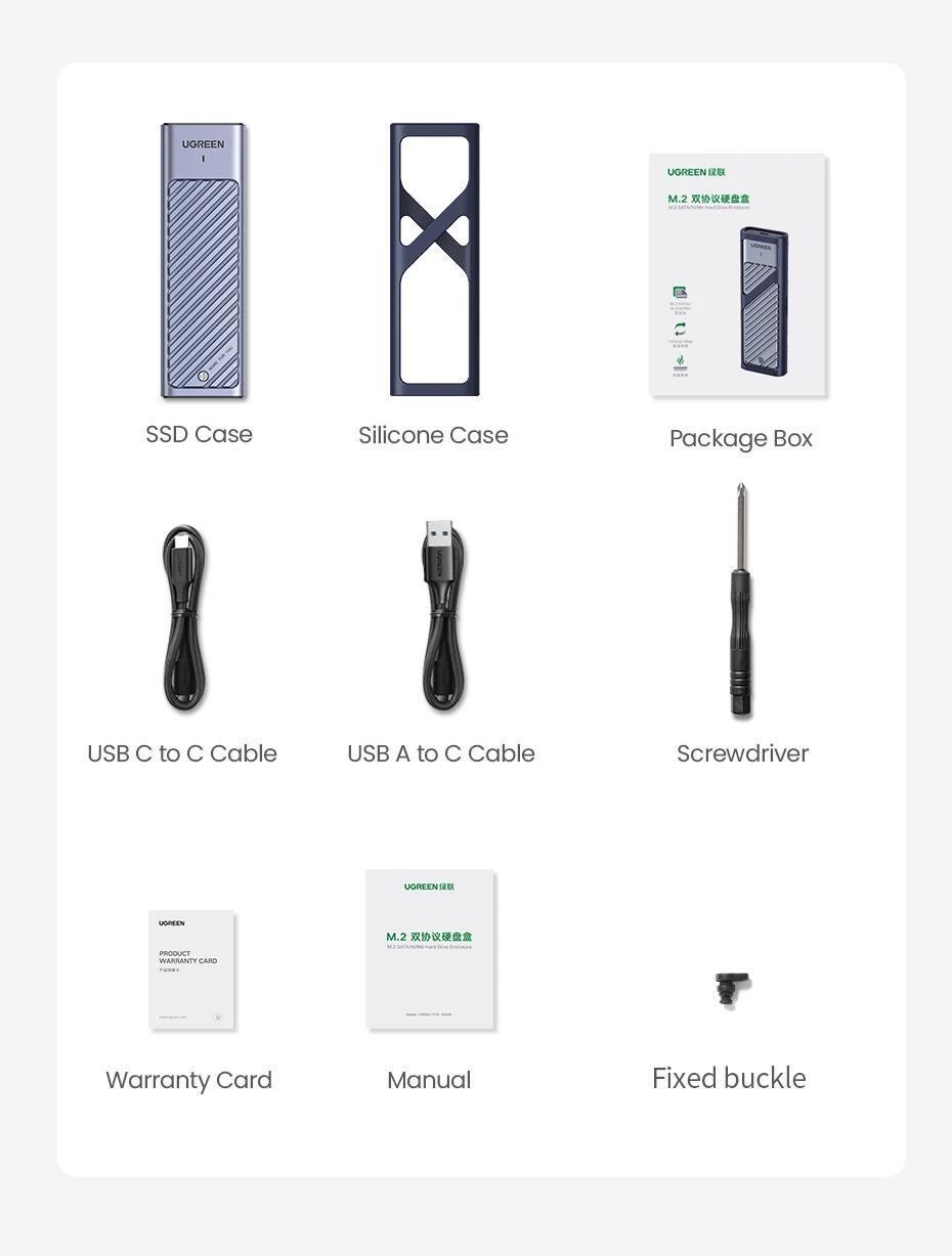 Корпус UGREEN для M.2 NVME та SATA SSD дисків 10 Гбіт/с з кабелями M та B&M 2280/2230/ 2242/2260 для PCI-e та NGFF Сріблястий (90408) - фото 9