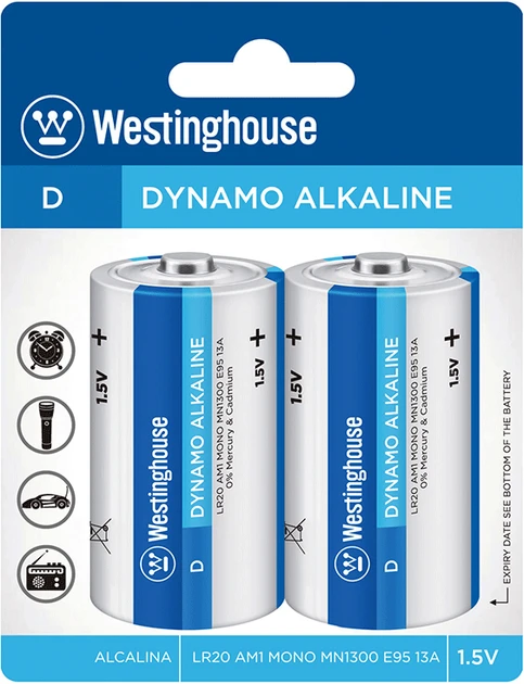 Батарейка щелочная Westinghouse Dynamo Alkaline D/LR20 1,5V 2 шт. 20000 мАч (2743660853) Батарейка щелочная Westinghouse Dynamo Alkaline D/LR20 1,5V 2 шт. 20000 мАч (2743660853)