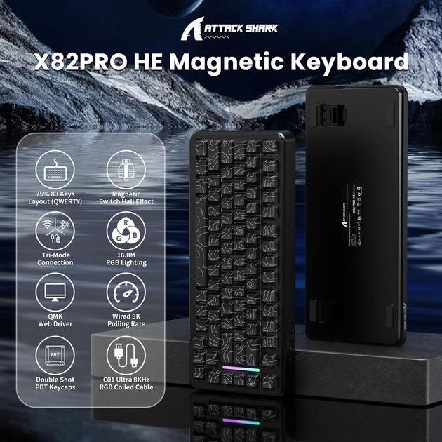 Клавіатура ігрова attack shark X82 PRO бездротова/магнітна/RGB-підсвічування Black (28780457) - фото 3