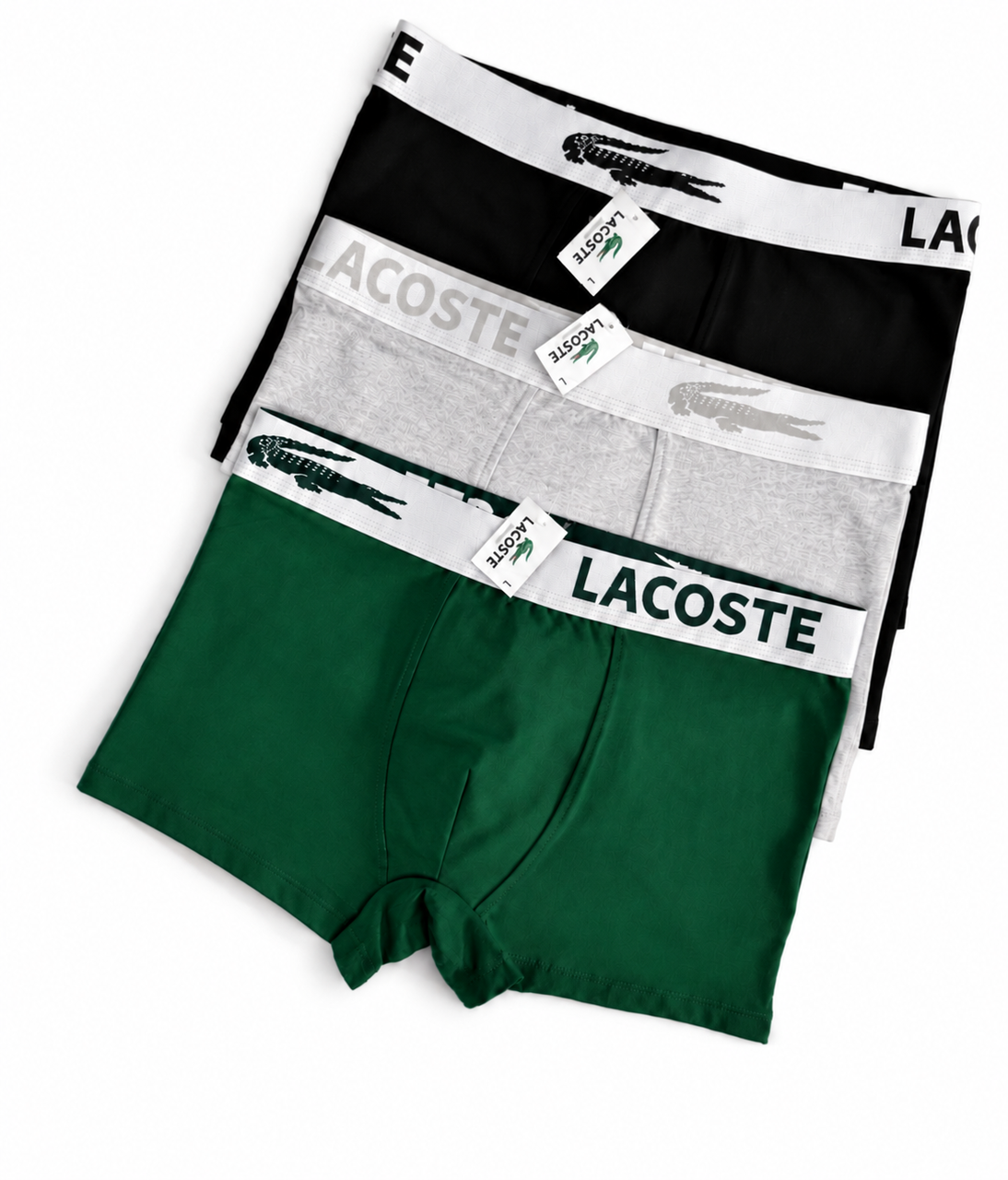 Комплект мужских трусов в стиле Lacoste 3 шт. L Черный/Серый/Темно-зеленый (LC01-3-02)
