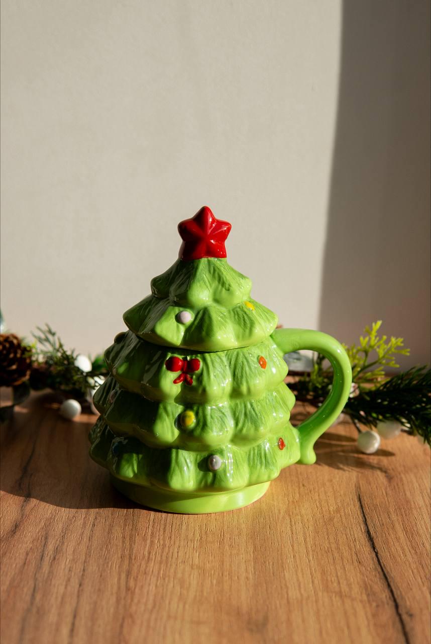 Кружка керамічна з кришкою Ялинка 470мл