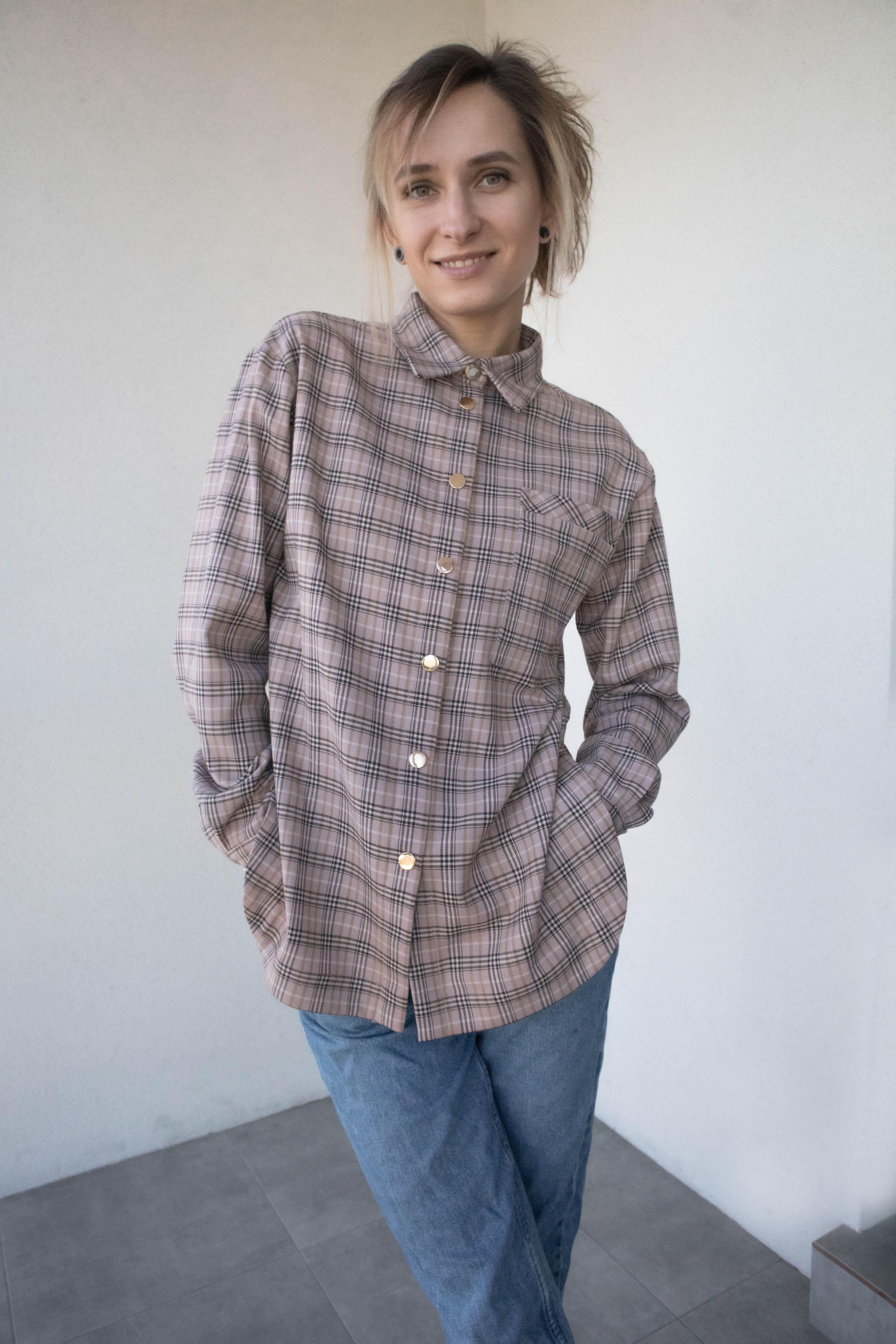 Сорочка картата жіноча VSlatinina подовжена XL Бежевий (01234567827)