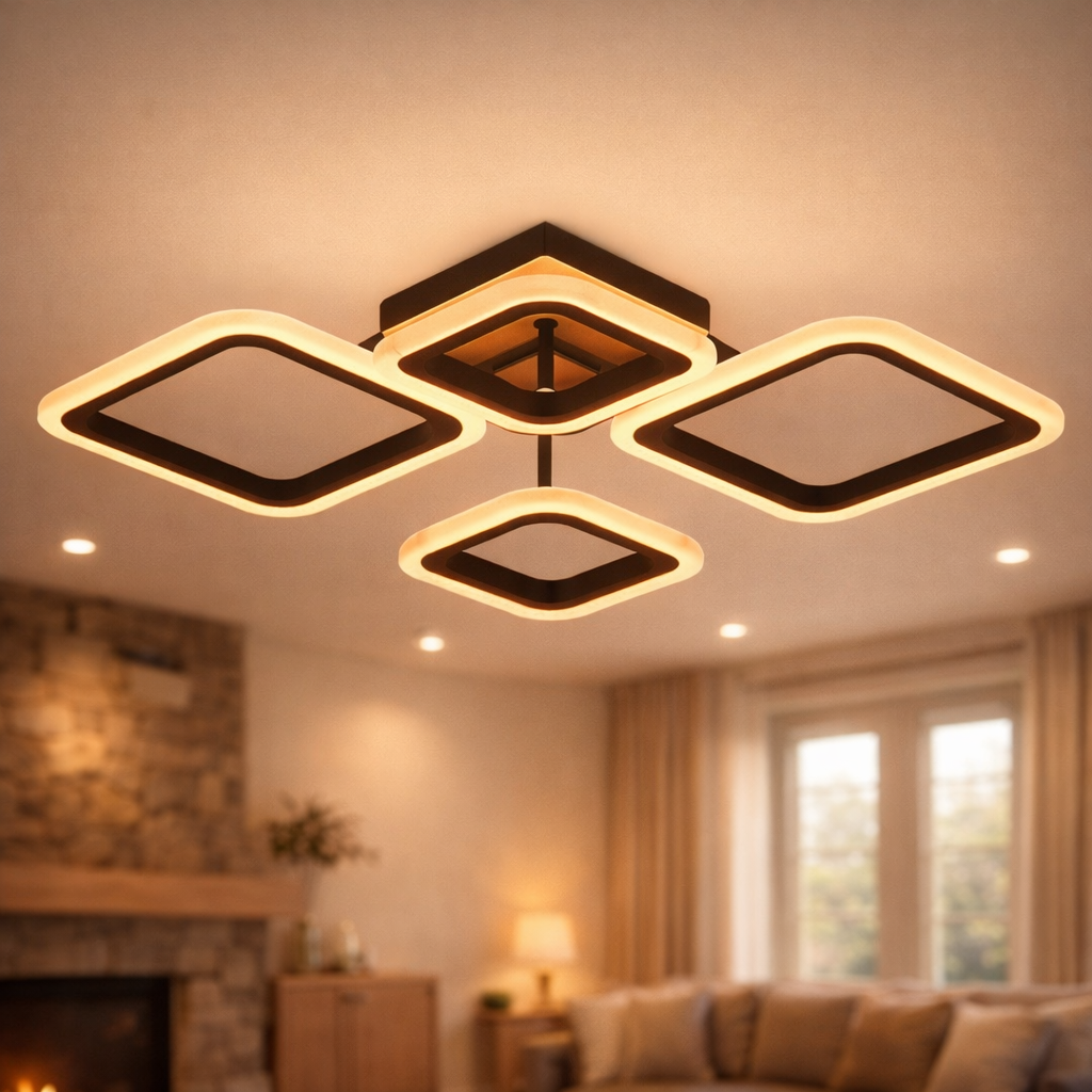 Люстра светодиодная Valeso 72W с квадратными плафонами 3000K-6500К с пультом Черный (G 3307/2+2 BK+Wood)