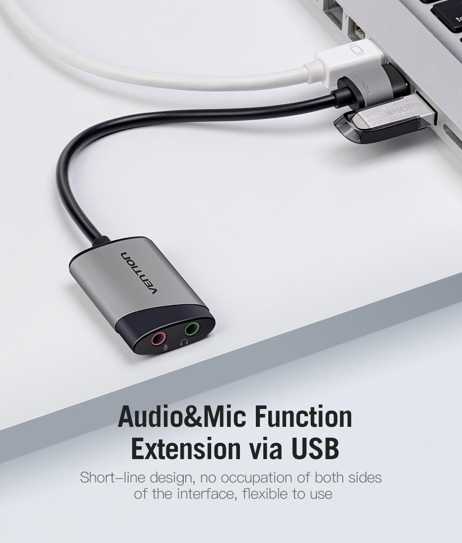 Звукова карта з підтримкою мікрофону Vention USB-2x 3,5 мм minijack 16 біт/48 кГц TRS AUX 3-піновий Сірий (CDKHB) - фото 4