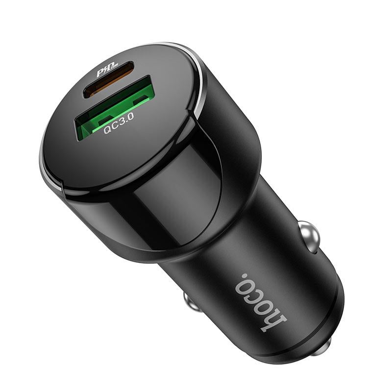 Зарядний пристрій автомобільний Hoco Z42 Light road dual port digital display PD20W+QC3.0 car charger Black (09888)