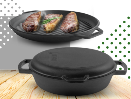 Сковорода-жаровня чугунная Brizoll monolith с чугунной крышкой-сковородой гриль 360х80 мм (M3680U-3) - фото 6 Сковорода-жаровня чугунная Brizoll monolith с чугунной крышкой-сковородой гриль 360х80 мм (M3680U-3) - фото 6