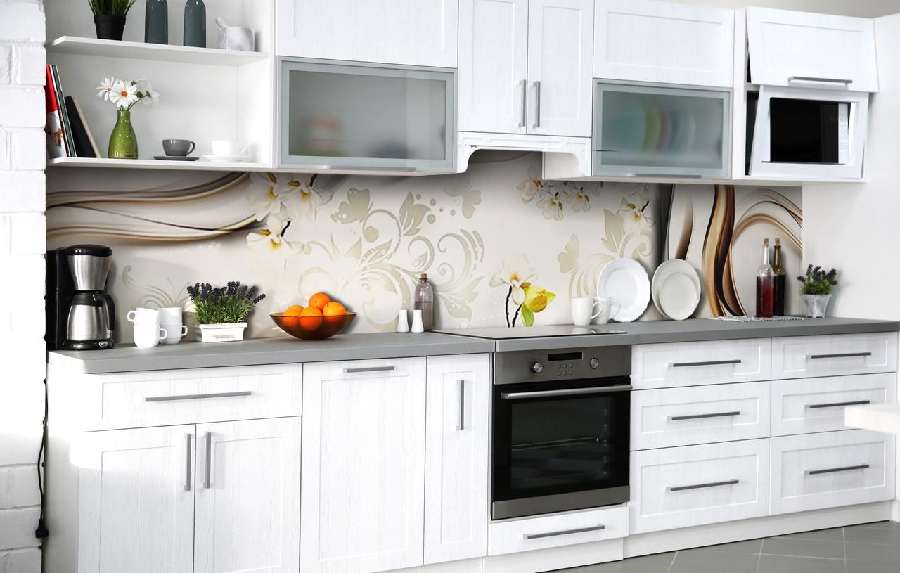 Кухонный фартук Изгибы/Цветы виниловый самоклеющийся 650х2500 мм Серый