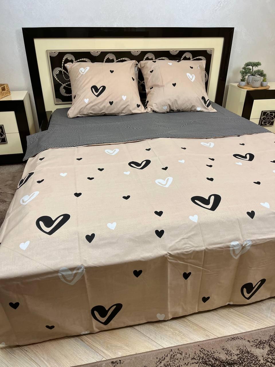Комплект постільної білизни Серця бавовняний євро 200х220/50х70 см Бежевий (14639447)
