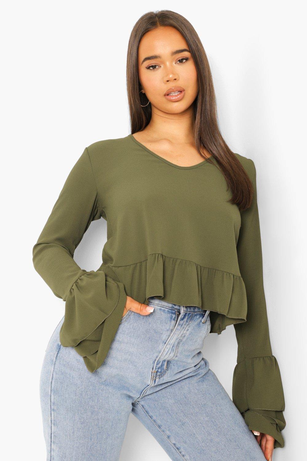 Блуза Boohoo с воланами на рукавах M Хаки - фото 4