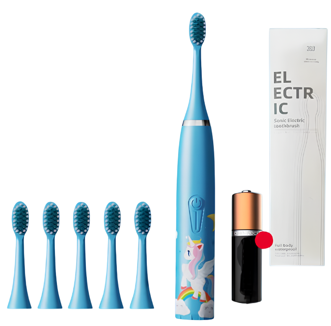 Электрическая зубная щетка детская на аккумуляторе с 6 насадками Голубой (Щ521)