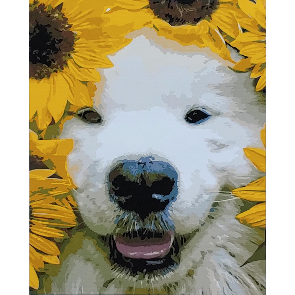 Картина по номерам Strateg Премиум Песик в подсолнечниках с лаком 40х50 см (SY6813)