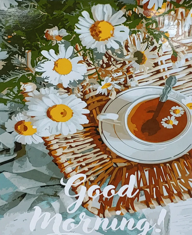 Картина по номерам Strateg Премиум Good Morning с ромашками с лаком и уровнем 40x50 см (SY6868)