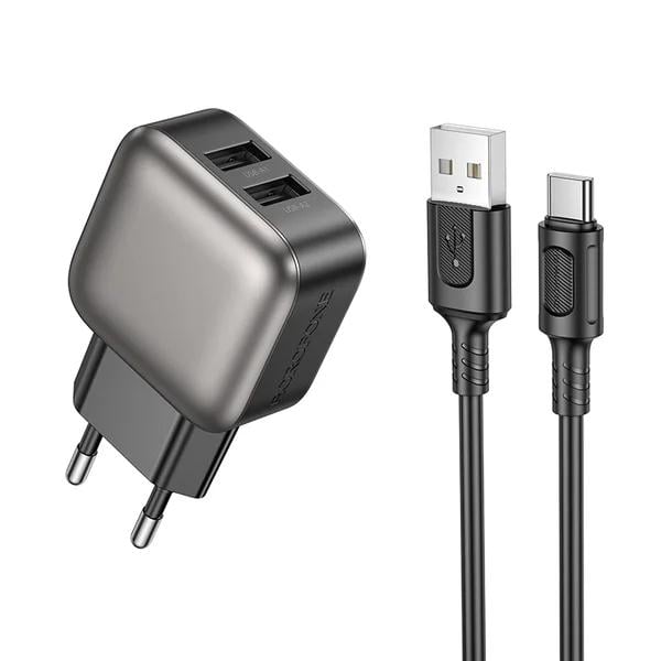 Зарядное устройство сетевое Borofone BAS51A Absolute 2xUSB-A и кабель Type-C Black (6941991116131)