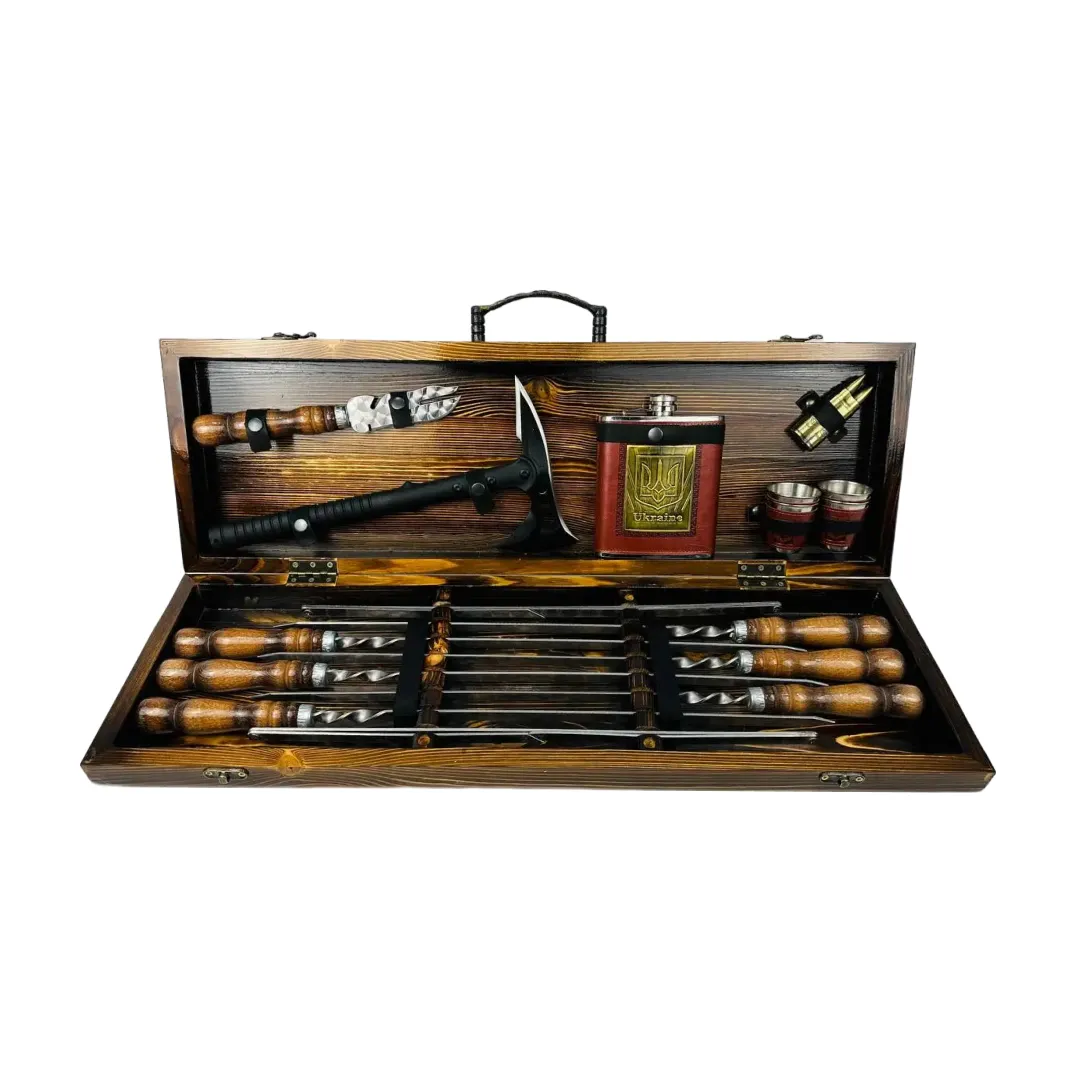 Набор шампуров в кейсе Викинг люксовый на кожаных ремнях деревянный из нержавеющей стали (2-10-KS-7902)