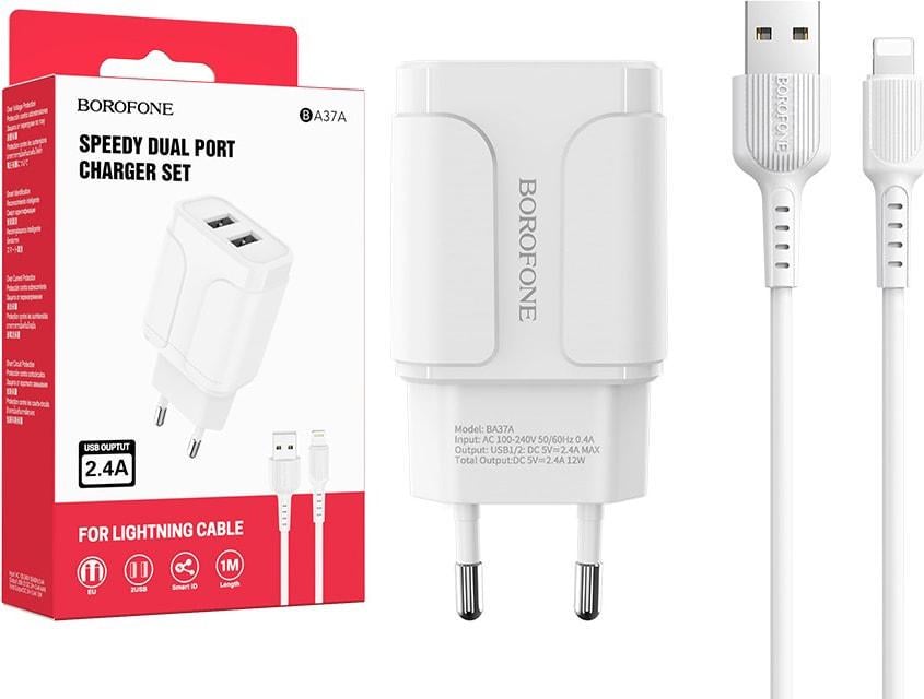 Устройство зарядное Borofone BA37A 2 USB 2,4A кабель Lightning White (36713) - фото 2 Устройство зарядное Borofone BA37A 2 USB 2,4A кабель Lightning White (36713) - фото 2