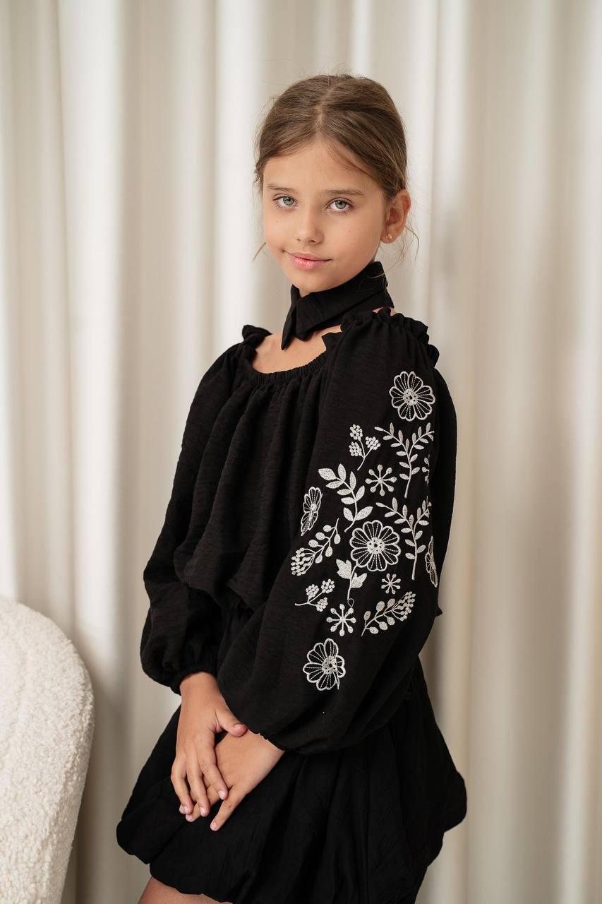 Блуза детская школьнаяMadlen блузка на девочку с вышивкой 140-146 см Черный (0680)