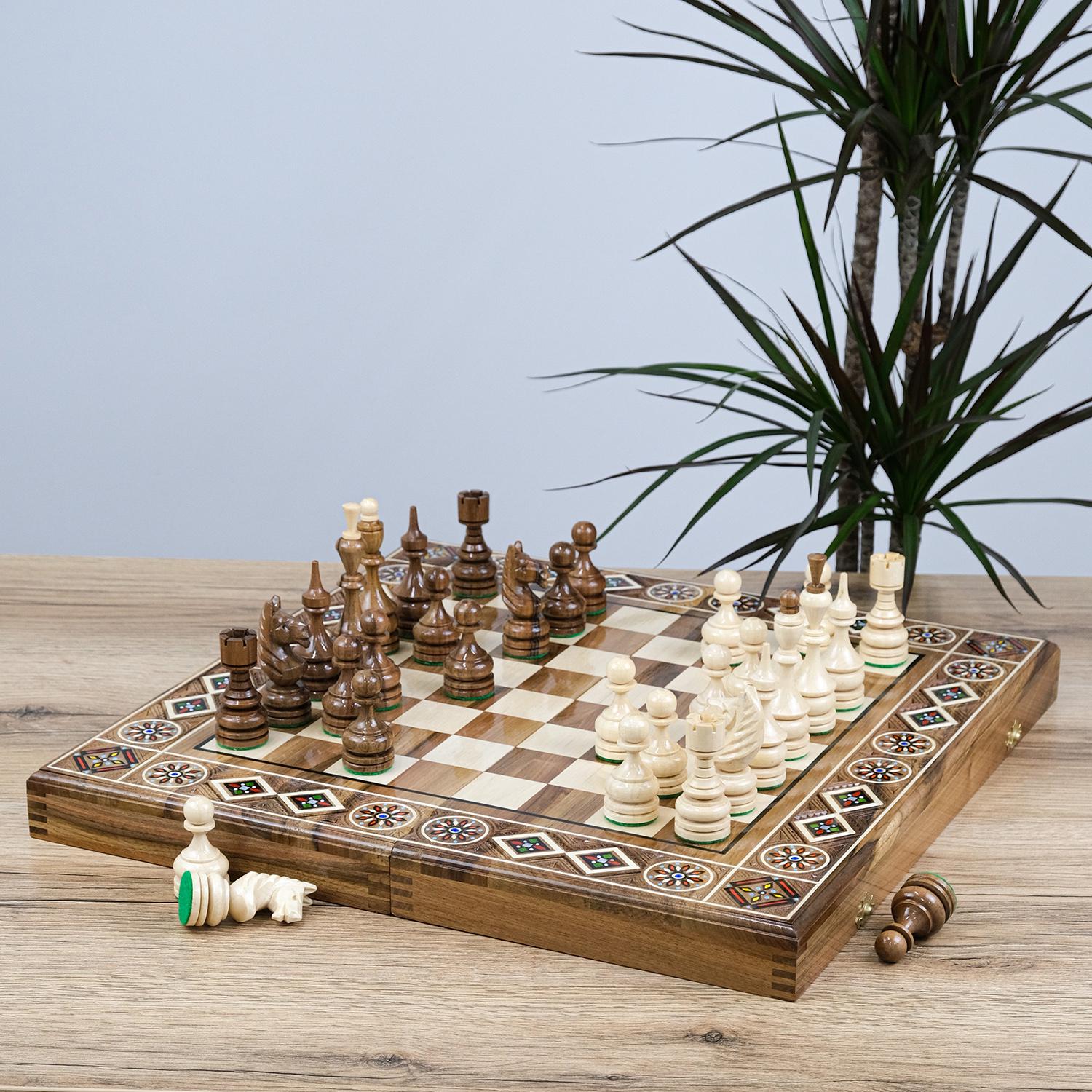 Нарды-шахматы Гранд Презент УКН 55 Элитные инкрустированные с жемчужиной орех 480х480 мм (24436)