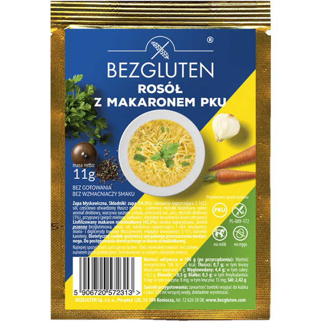 Бульйон без глютена Bezgluten курячий з макаронами низькобілковий PKU 11 г (5906720572313)