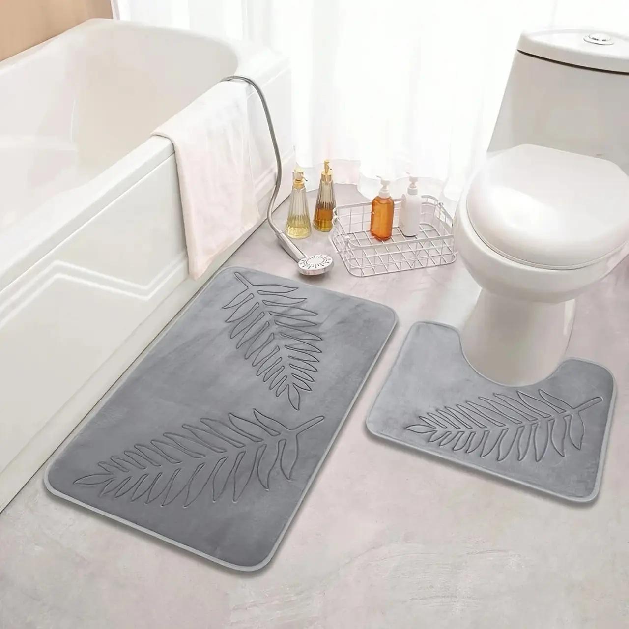 Набір із 2-х килимків для ванної та туалету "Листя" з ефектом пам'яті Антиковзкий Світло-сірий (7800705)