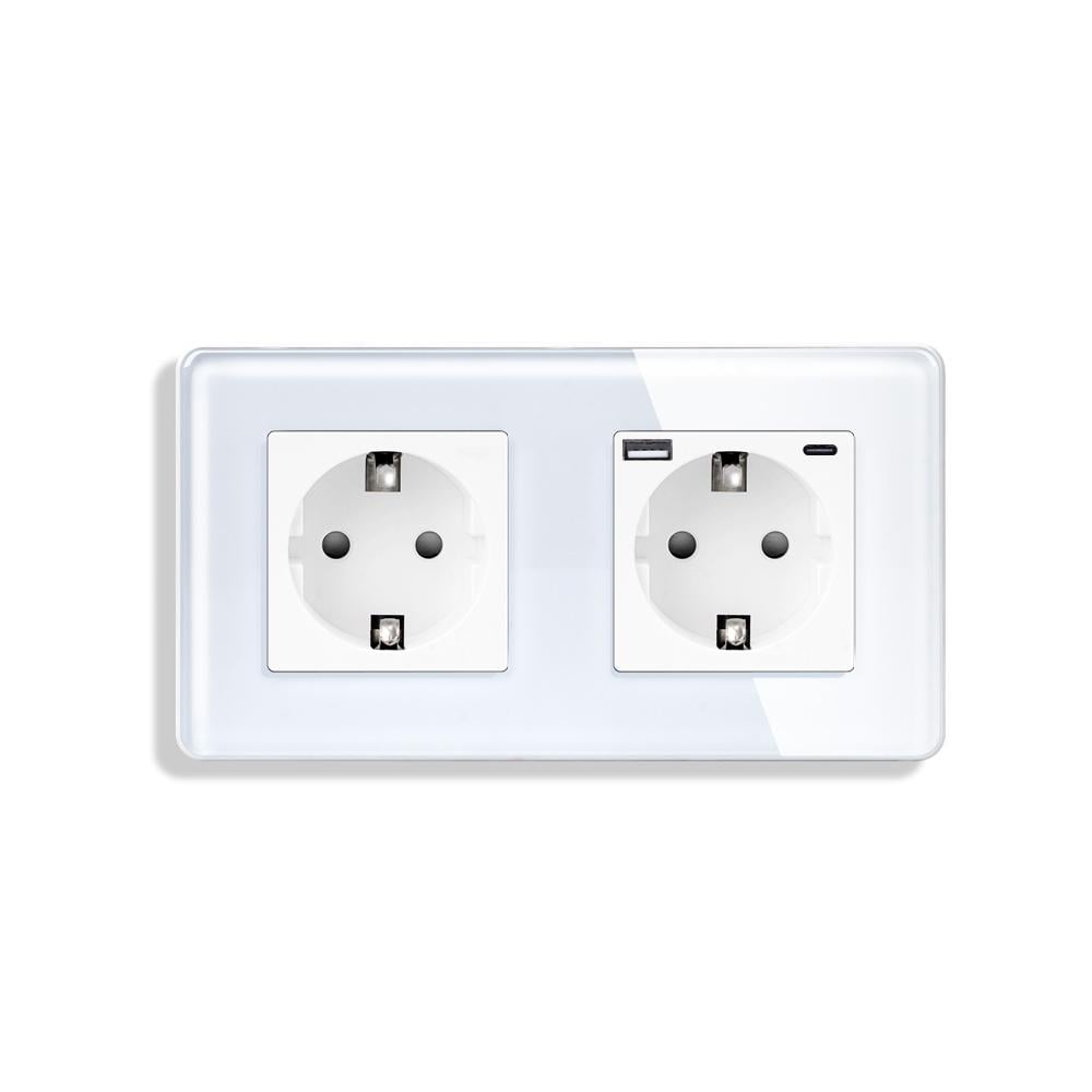 Розетка двойная ELIOS с USB A+C 20Вт с заземлением/шторками 250В 16А стеклянная рамка Белый (TW-M2FGAC-WT)