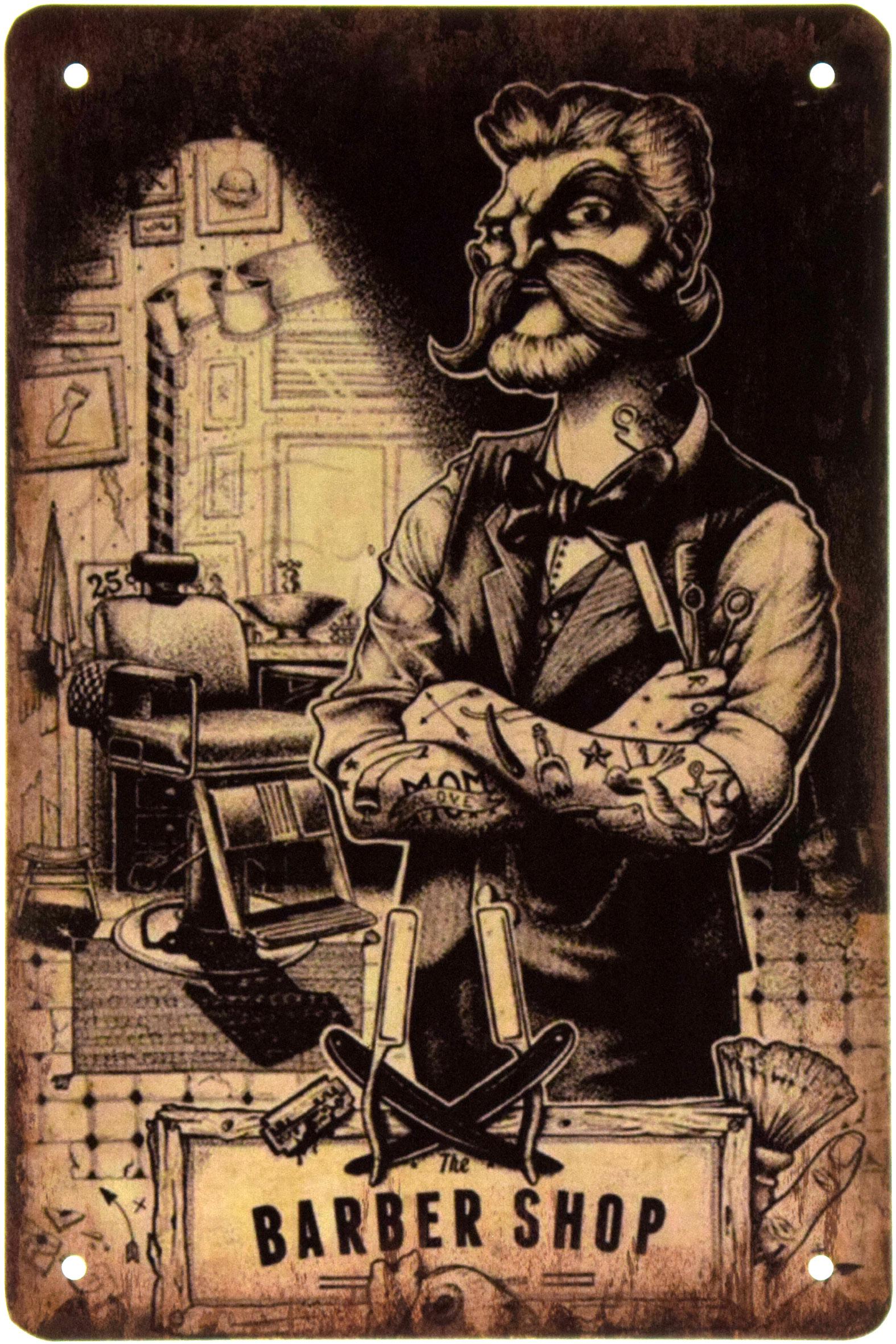 Табличка металлическая Барбершоп/Barber Shop Barbearia 20x30 см
