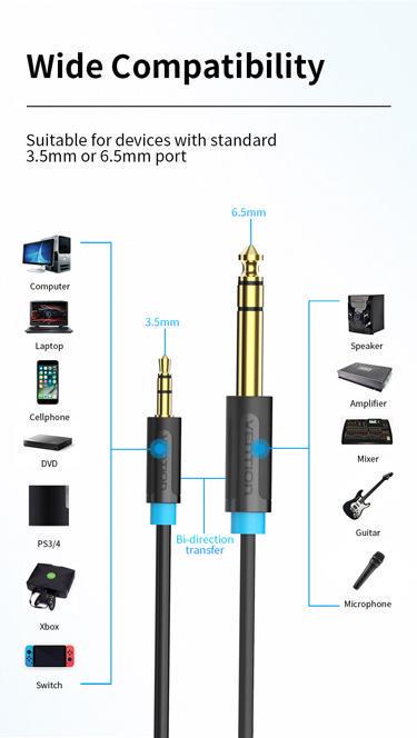Кабель Vention 6.5 мм Jack-3.5 мм minijack HiFi стерео AUX на 6.35 мм TRS 0,5 м Чорний (BABBD) - фото 10 Кабель Vention 6.5 мм Jack-3.5 мм minijack HiFi стерео AUX на 6.35 мм TRS 0,5 м Чорний (BABBD) - фото 10