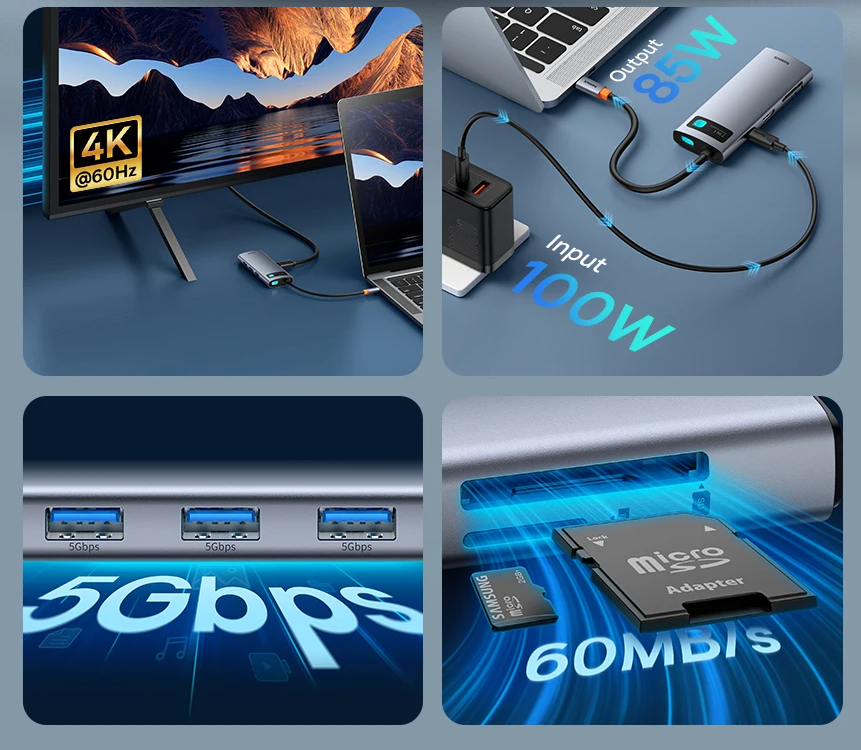 Хаб мультифункциональный USB Baseus 2 USB-C 4K при 60 Гц HDMI 3xUSB 3.0 PD 100 Вт порт Type C картридер SD/TF 7в1 (28337953) - фото 8