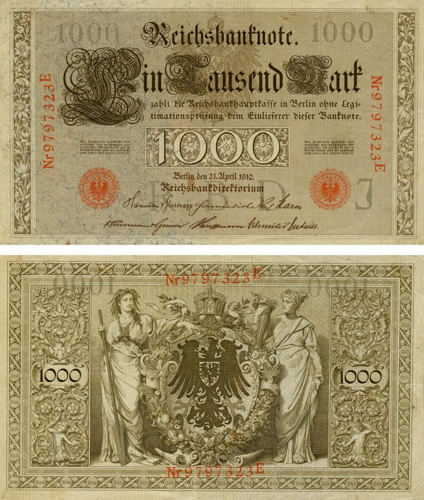 Коллекционная банкнота Германия 1000 марок 1910 G-VG P45b (Б19031)