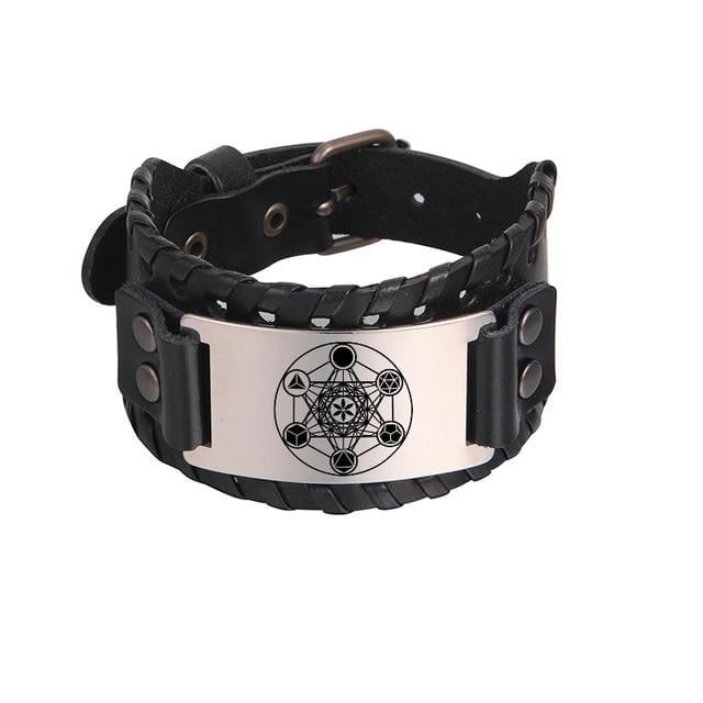 Браслет-оберіг чоловічий LIKGREAT Куб Метатрону шкіряний 27х3,7 см Чорний/Срібний (BSS20210122BL)