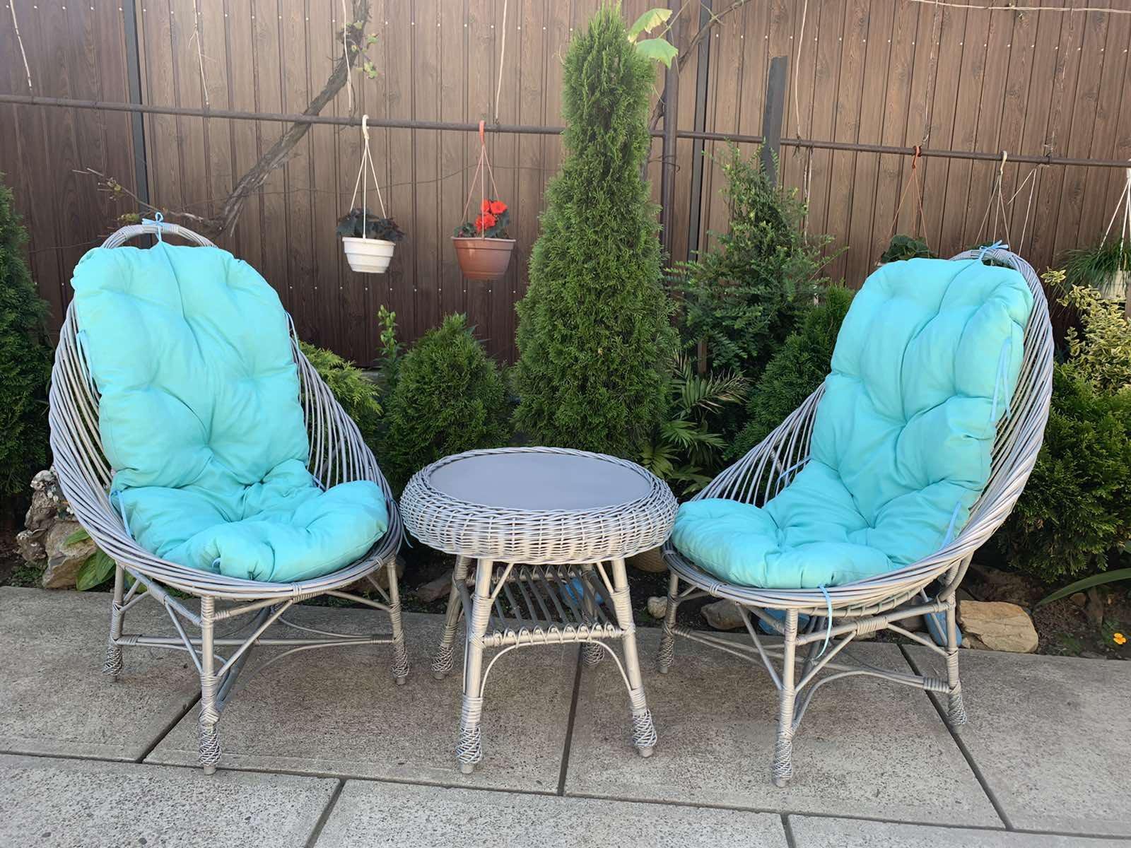 Садовая мебель Woody 2 кресла для отдыха/журнальный стол Гриб круглый (натуральное дерево/лоза) цвет Серый, цвет подушек Голубой