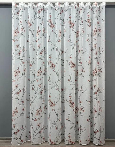 Тюль батист с цветочным принтом Белый/Терракотово-серый (1539т)