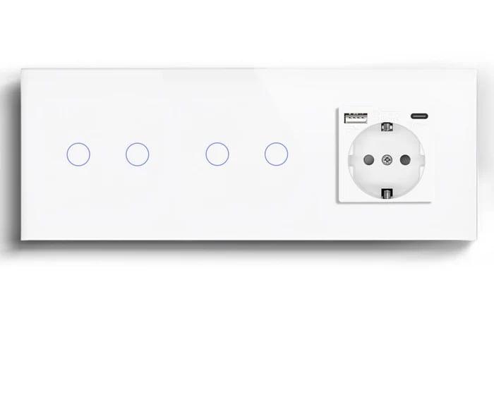 Выключатель умный LUXION сенсорный 4 сенсора 2-2 с розеткой USB A+C 20Вт с заземлением/шторками стекло Белый