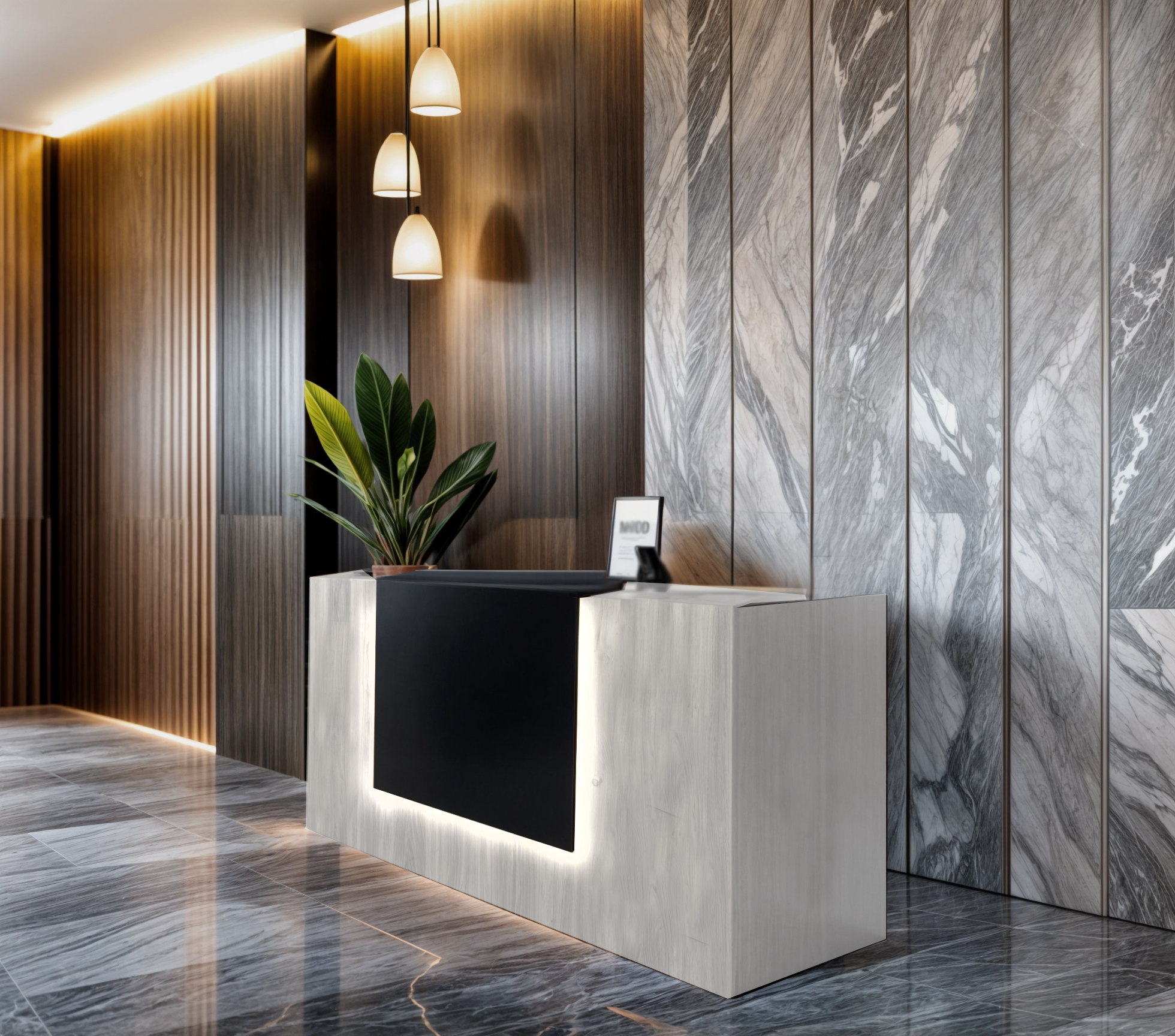 Стійка адміністратора Tobi Sho Ресепшн/1 для офісу/салону з підсвічуванням і шухлядами/1800х800х1000 мм Дуб крафт білий/Чорний Стійка адміністратора Tobi Sho Ресепшн/1 для офісу/салону з підсвічуванням і шухлядами/1800х800х1000 мм Дуб крафт білий/Чорний