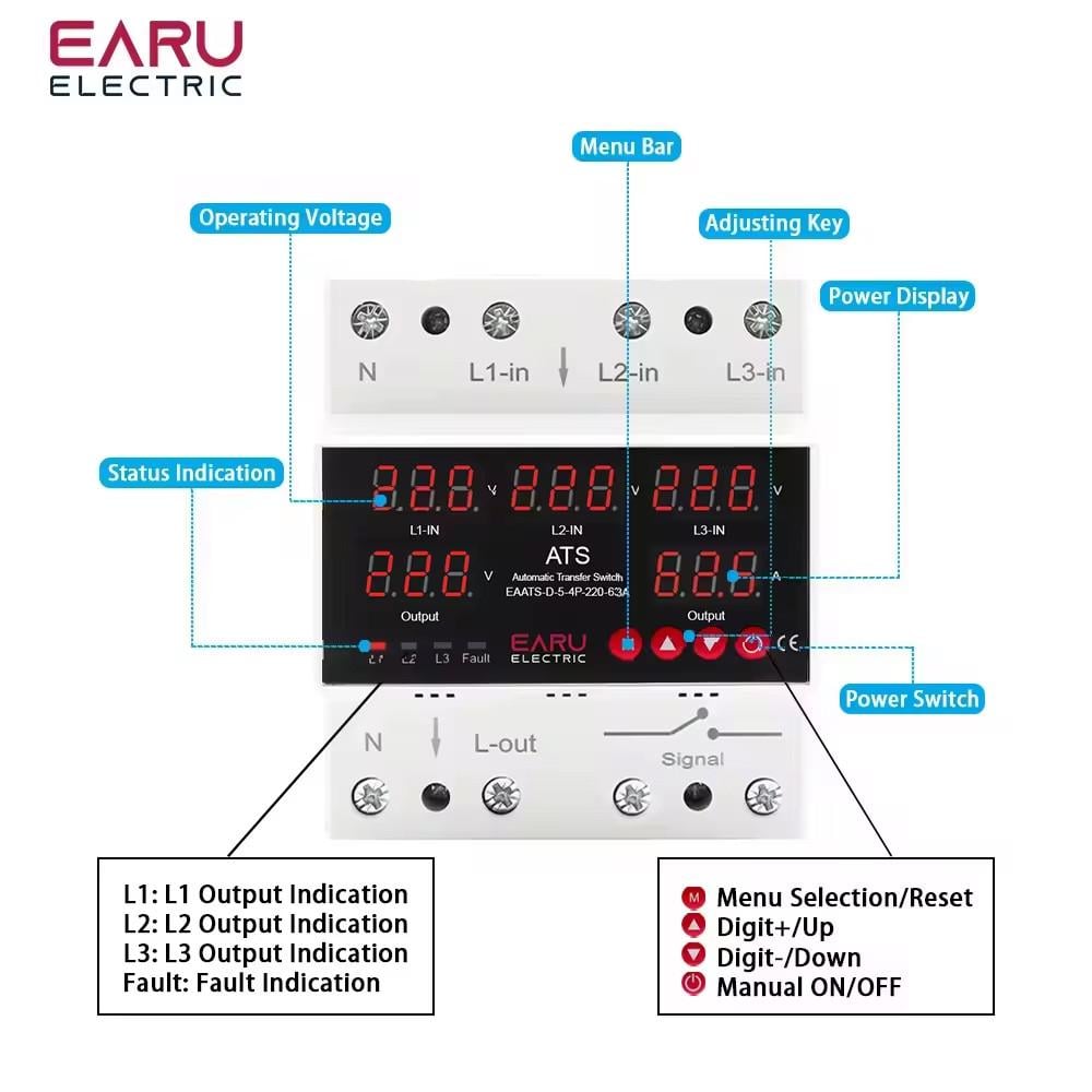 Автоматический переключатель фаз EARU 63А 3 дисплея - фото 6 Автоматический переключатель фаз EARU 63А 3 дисплея - фото 6