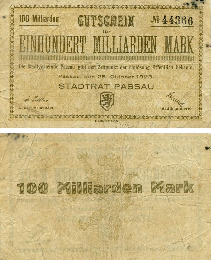 Коллекционная банкнота Германия Нотгельд 100 000 000 000 марок 1923 G-VG Пассау (Б18878)