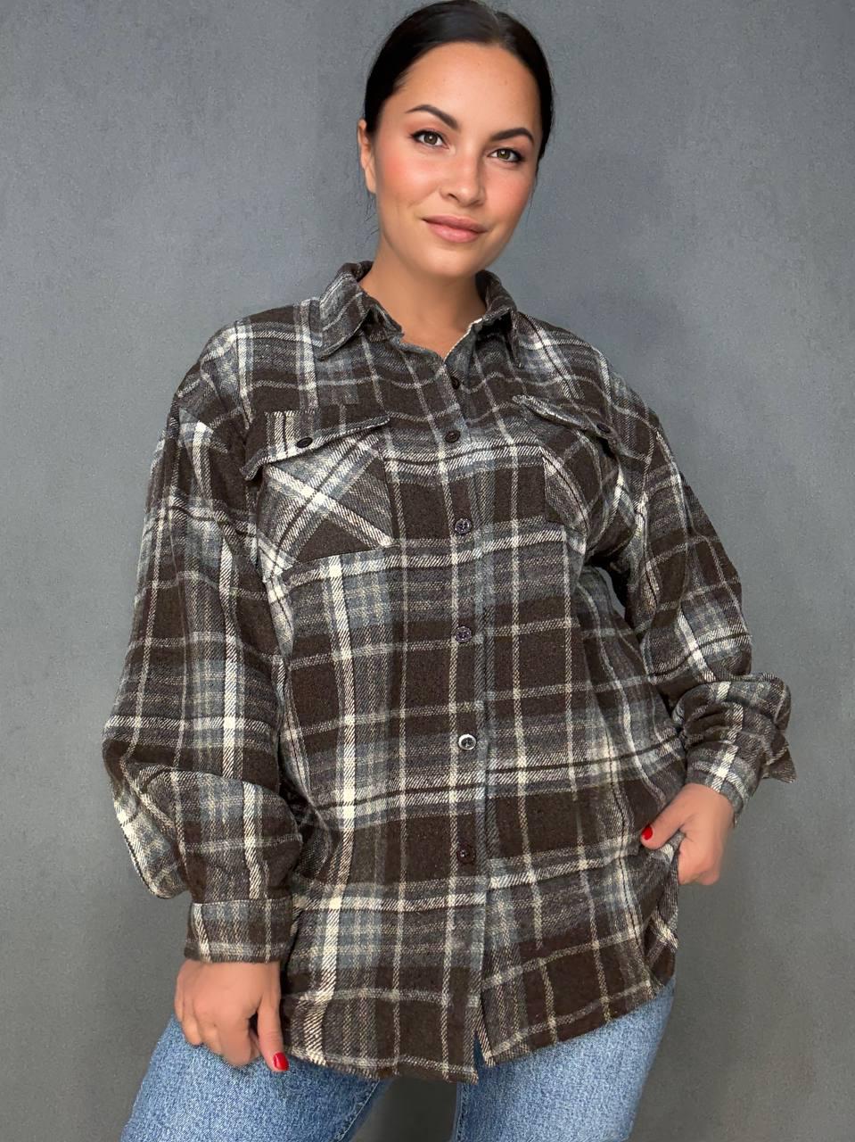 Сорочка жіноча YZY 223 картата оверсайз тепла байка OS Коричневий (5402) - фото 5 Сорочка жіноча YZY 223 картата оверсайз тепла байка OS Коричневий (5402) - фото 5