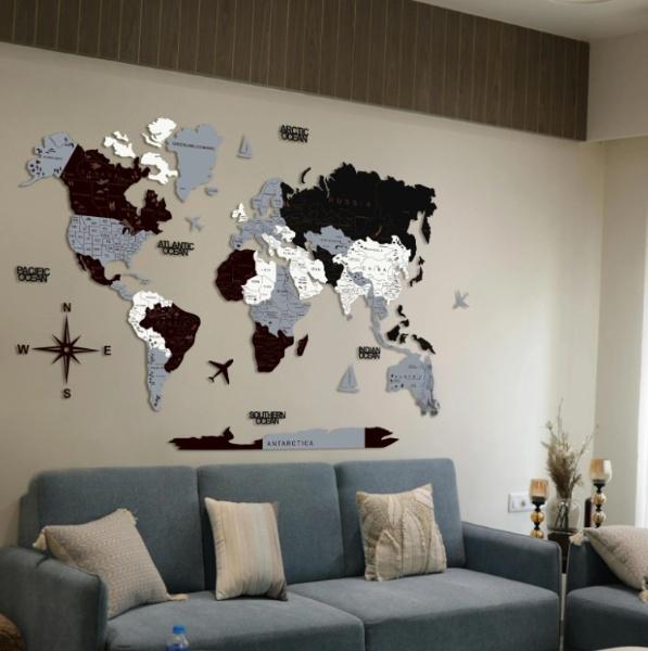 Декор настінний у стилі мінімалзм дерев'яний Decart Карта Світу Шифер з гравіюванням на кухню вітальню та спальню 150х90 см