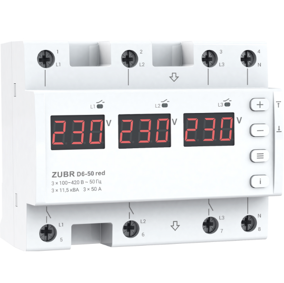 Реле напряжения ZUBR D6-50 Red 50А 3-фазное (29011657)