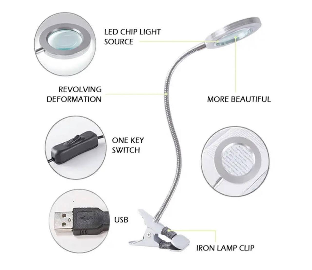Настольная LED лампа Лупа FS-017 на зажиме/прищепке увеличительная линза х3 с подсветкой 5,5 Вт - фото 6