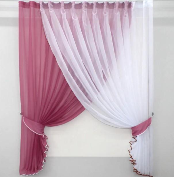 Комплект штор с подвязками на кухню шифон 330х170 см Малиновый/Белый (060к)