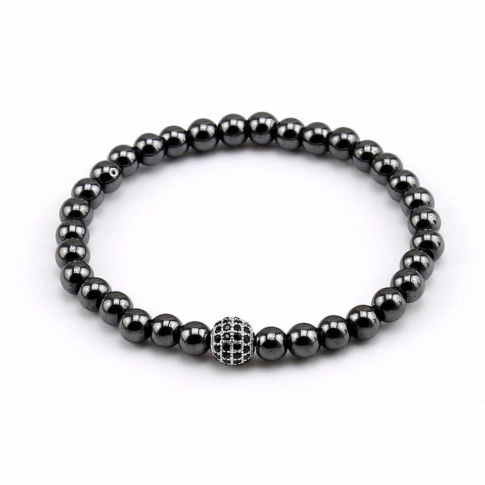 Браслет із гематиту з кулею р. 23 Срібний/Чорний (90023)