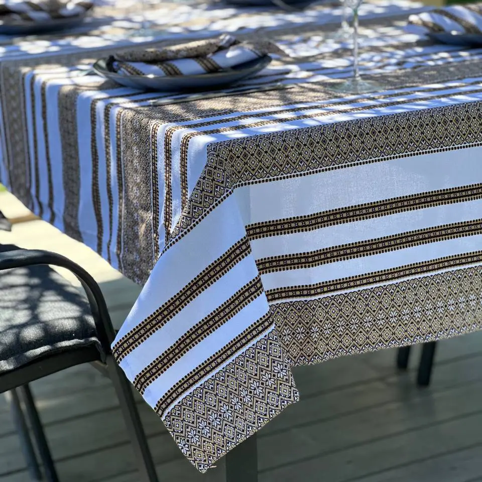 Скатерть льняная Украинский орнамент прямоугольная 145х350 см Коричневый (40012-p6)