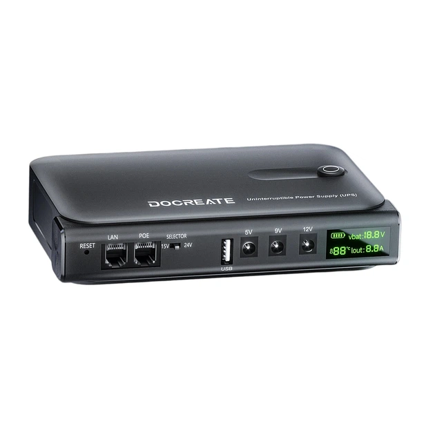 Источник бесперебойного питания для роутера UPS Doocreate DC1036L-36W 4x18650 5V 9V USB POE 12V 15/24V + LCD 12000мА Черный