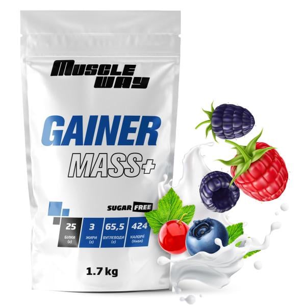 Гейнер для набору маси MuscleWay GAINER MASS+ без цукру вуглеводно-білковий 1,7 кг Лісові ягоди (21-125-g-mw-rs1,7.6)