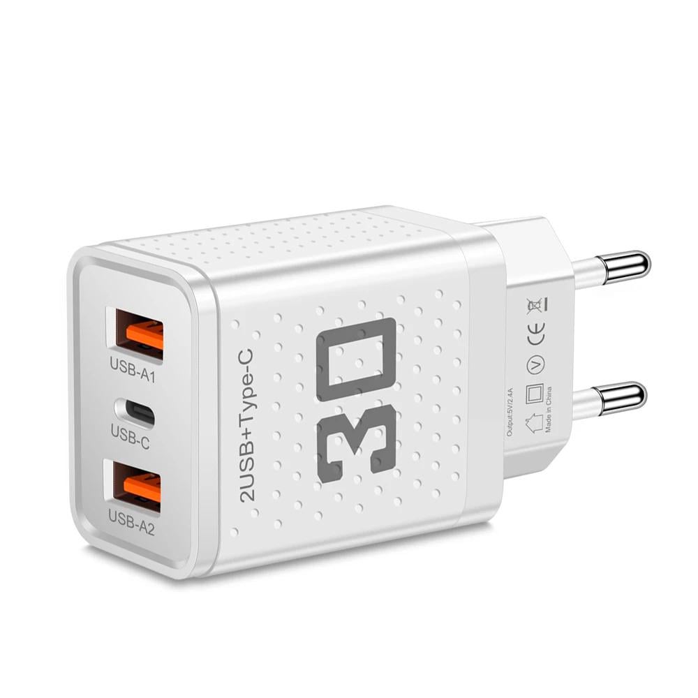 Блок питания для телефона Maerknon 30W 2 USB + 1 Type-C быстрая зарядка PD+QC3.0 (676-1-2222)