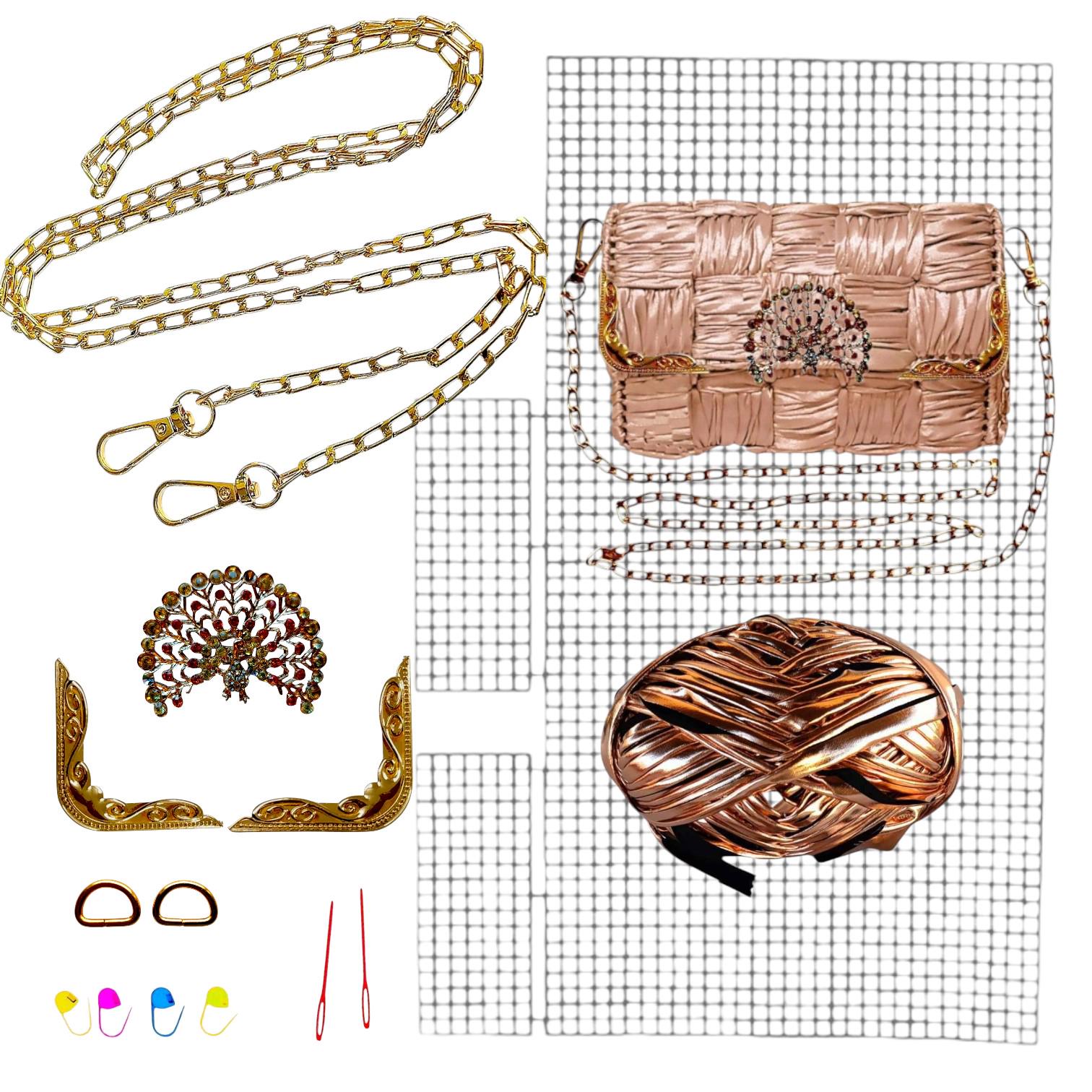 Набор для создания сумки из пластиковой канвы Декоративная брошь Павлин с нитками металлик Золотисто-розовый (8219-42) - фото 2