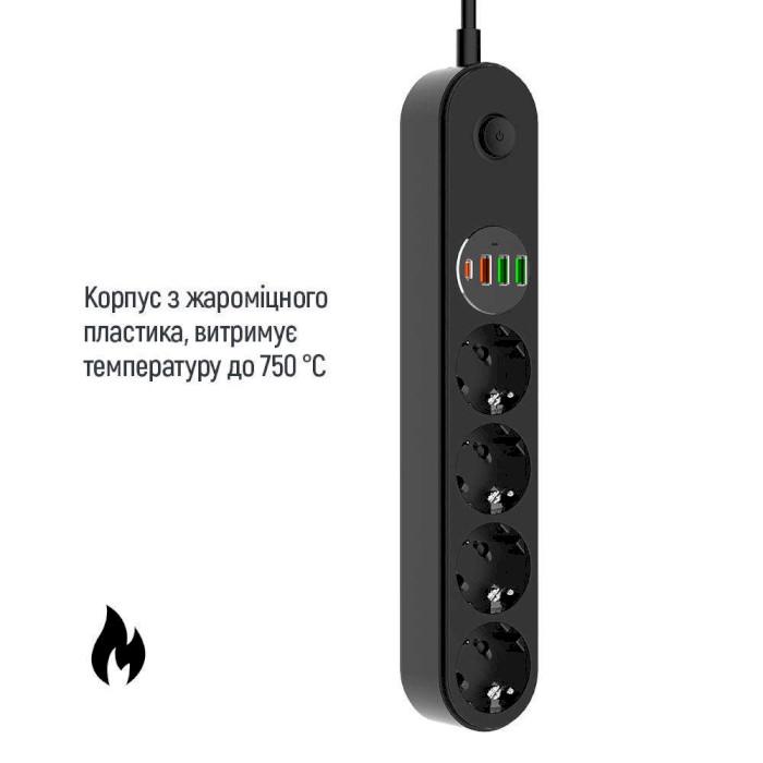 Сетевой фильтр ColorWay CW-CHE44PDB 4 розетки 1 USB-C PD 20W 3 USB-A QC3.0 45W 2 м Black (26076044) - фото 6 Сетевой фильтр ColorWay CW-CHE44PDB 4 розетки 1 USB-C PD 20W 3 USB-A QC3.0 45W 2 м Black (26076044) - фото 6