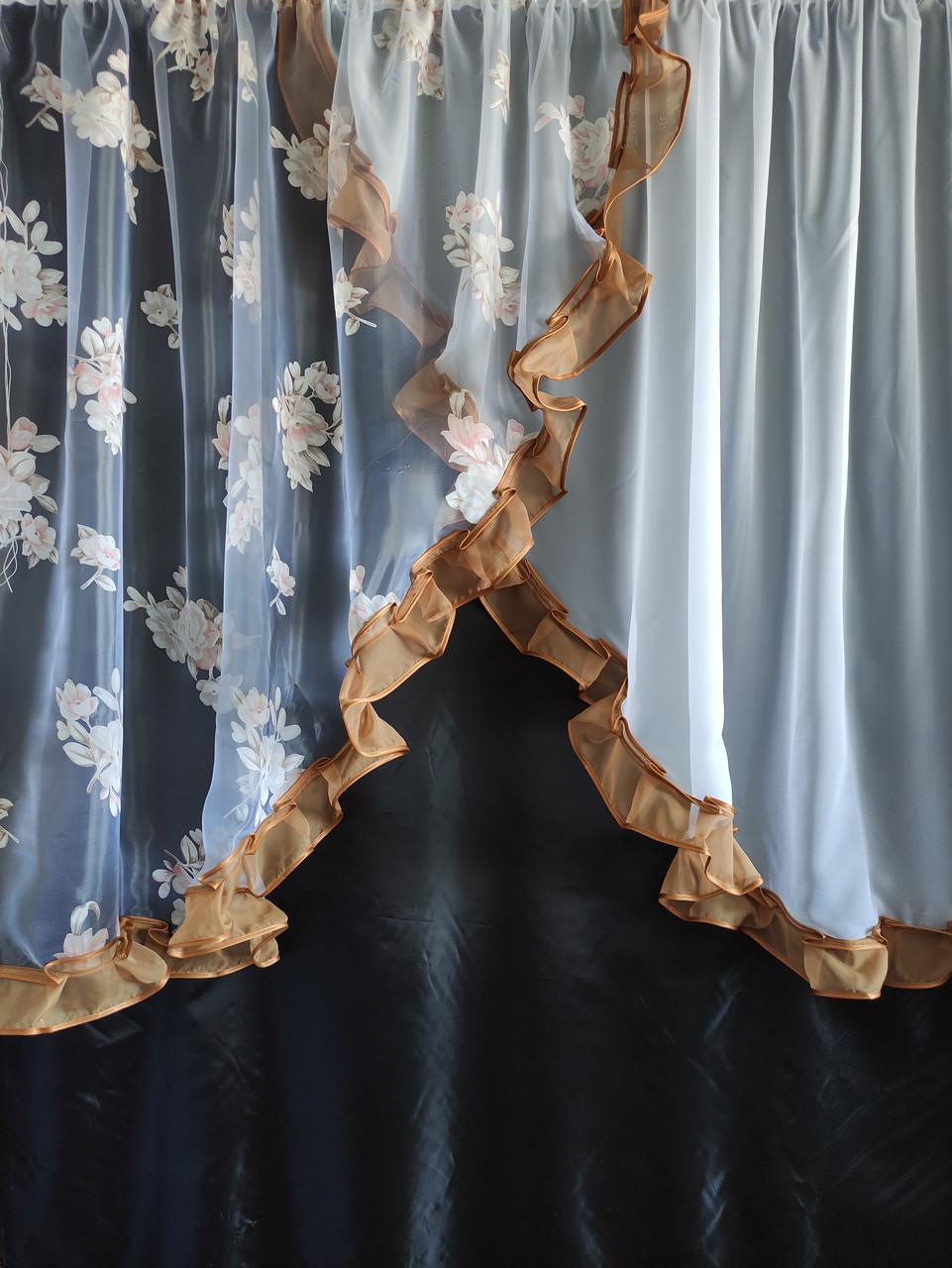 Тюль кухонная Ирис из двух частей органза и шифон 300х140 см. Белый с коричневым (уо-004) - фото 1