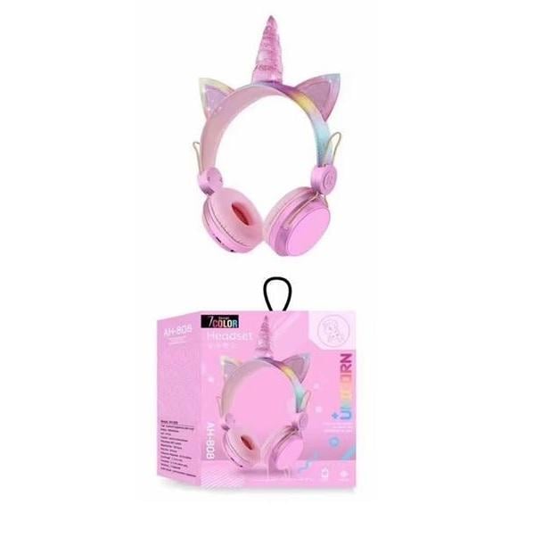 Наушники беспроводные с Единорогом Headset AH-808 Pink Bluetooth